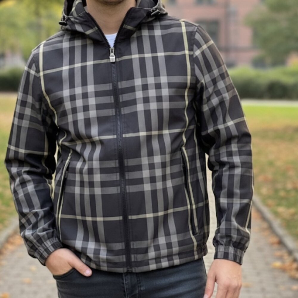 Burberry Men's STANFORD Checked Hooded Jacket,‎ Coat, Authentic, 8084224, XL